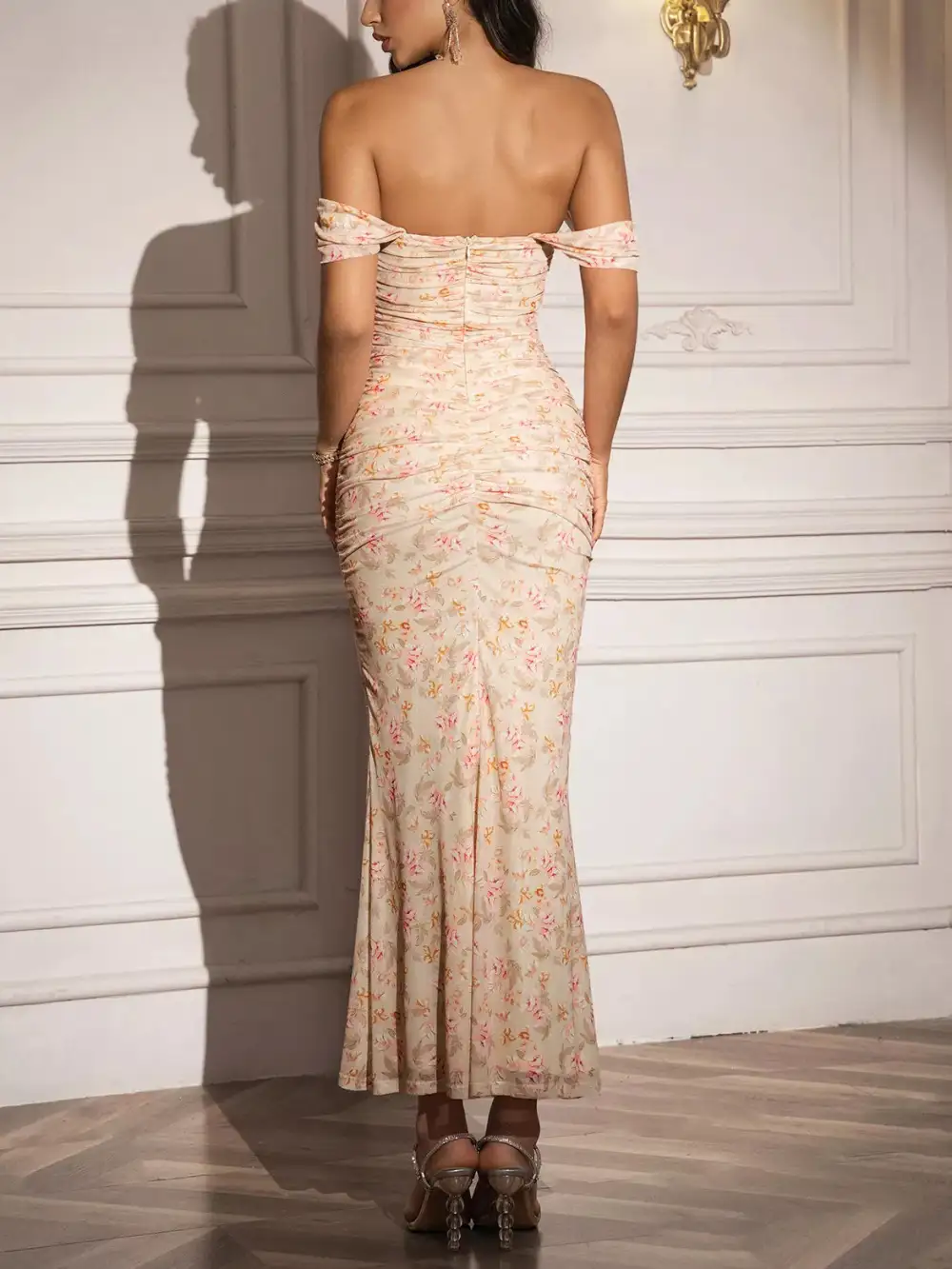Ruched Off-Shoulder Floral Casual Dress