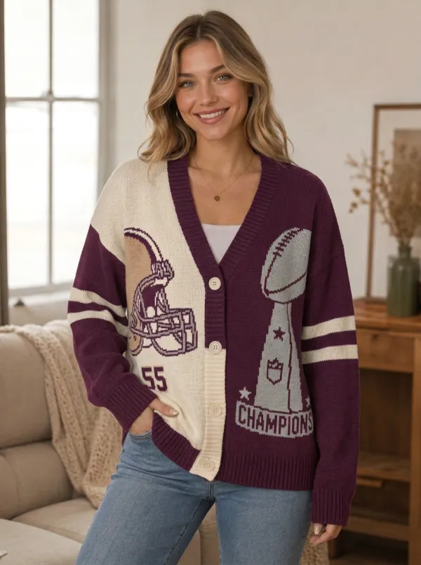 Women's Athletic Inspired Gridiron Helmet Trophy Knit Cardigan