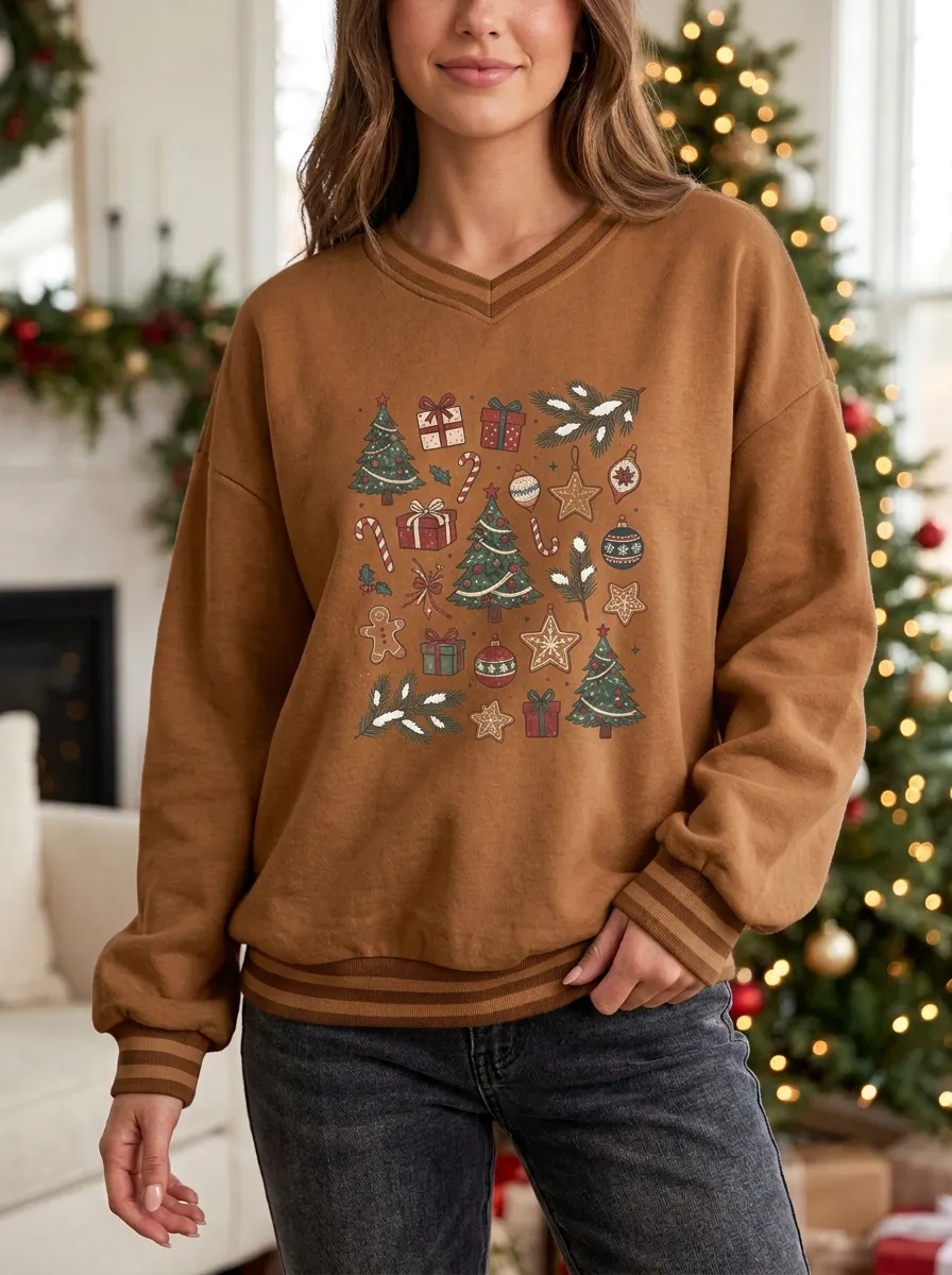 Christmas Holiday Tree Gift Gingerbread Print Sweatshirt