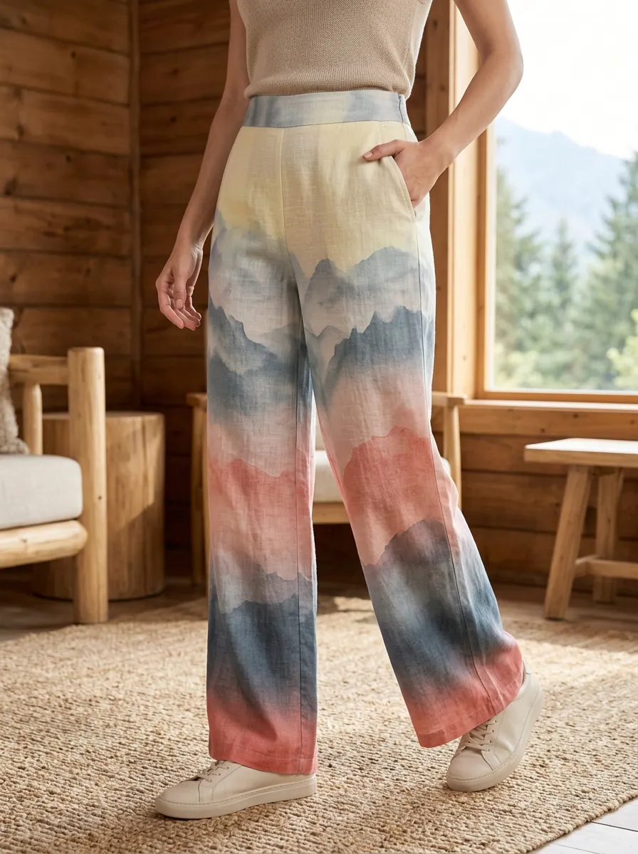 Women's Nature Lover Mountain Landscape Printed Wide Leg Pants
