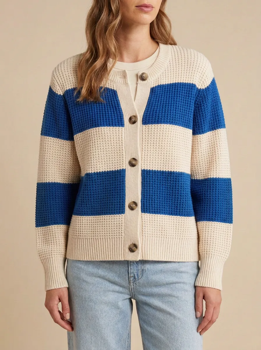 Striped Rugby Striped Waffle Knit Cardigan