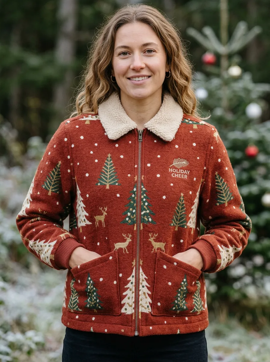 Christmas Holiday Cheer Reindeer Tree Print Fleece Jacket