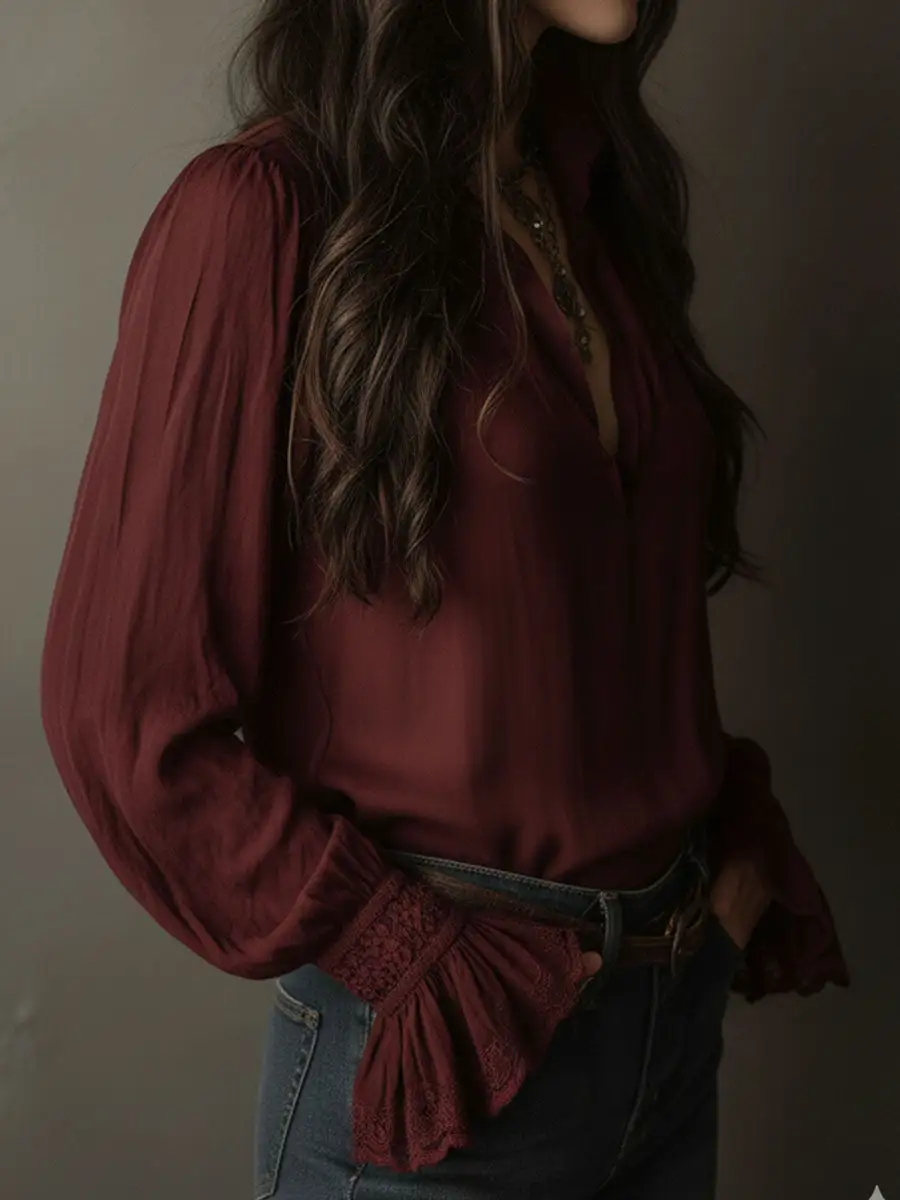 Boho V-Neck Deep Wine Red Blouse With Lace Cuffs
