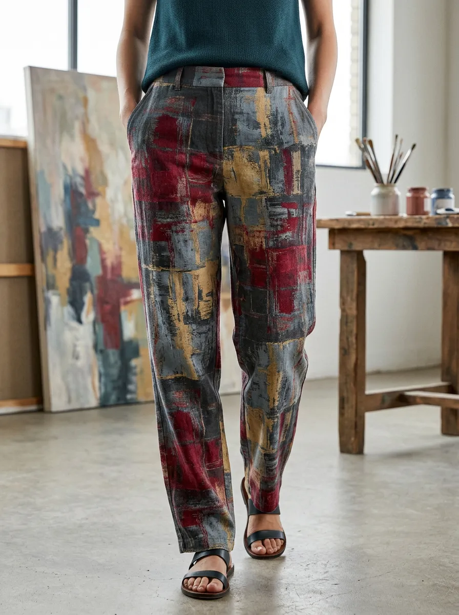 Women's Abstract Art Lover Red Grey Gold Printed Pants