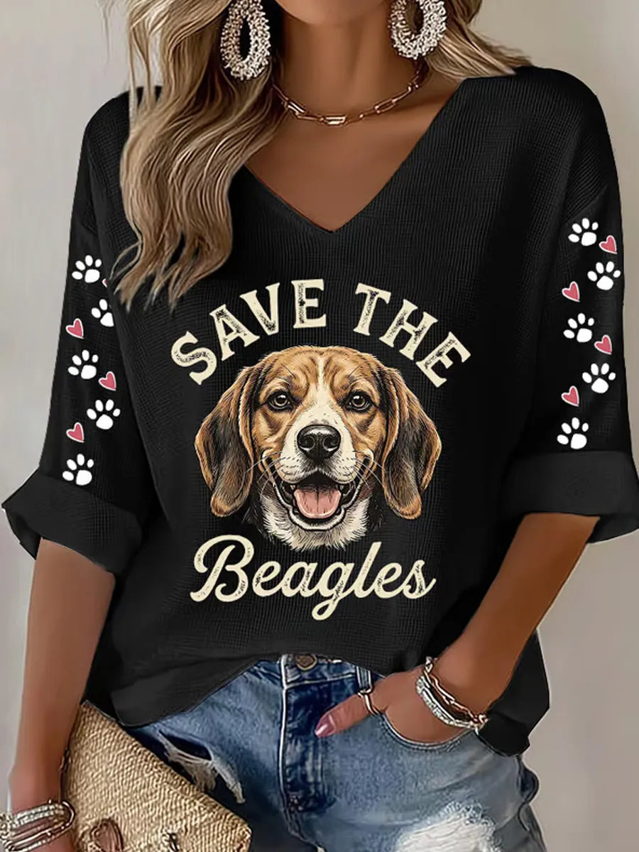 Women's Save The Beagles Print V Neck Top