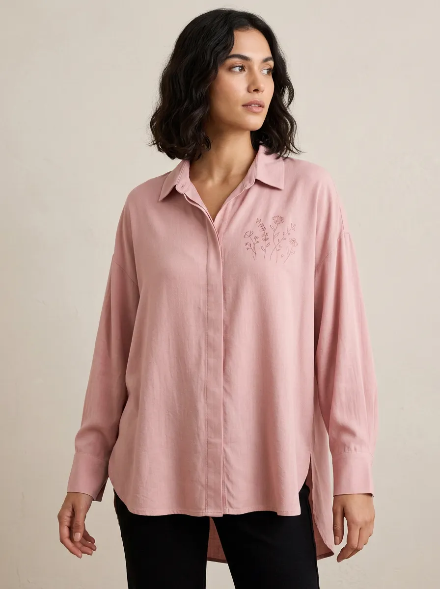 Women's Minimalist Floral Line Art Printed Pink Shirt