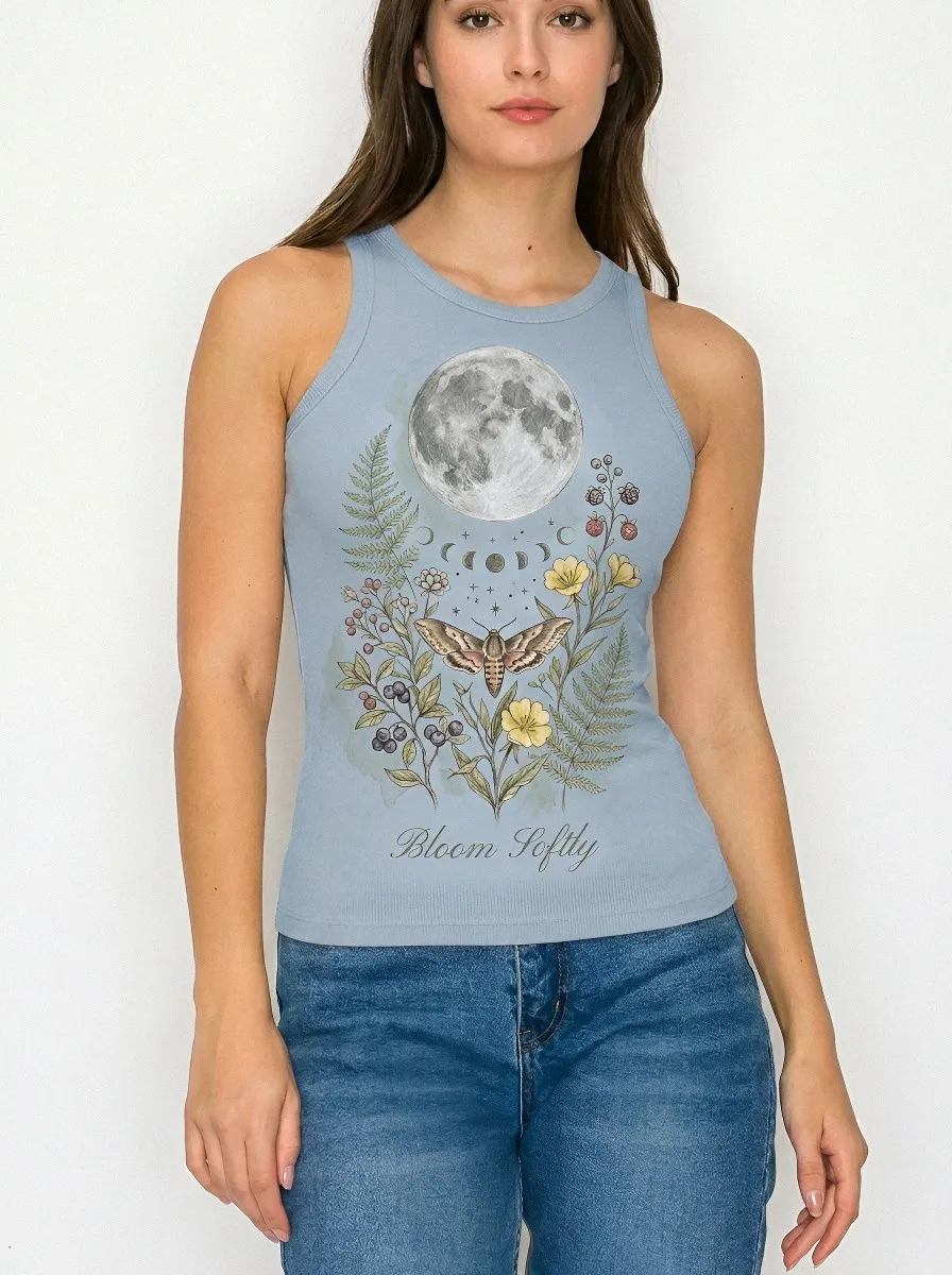 Women's Celestial Moth Floral Moon Printed Tank Top
