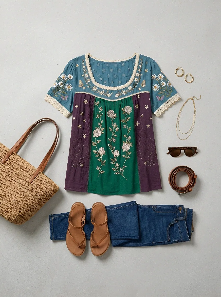 Women's Boho Floral Star Butterfly Embroidered Printed T-shirt