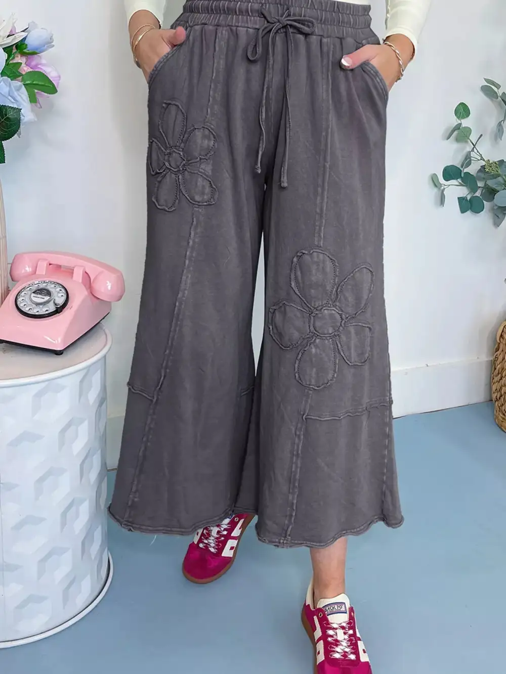 Knit Floral Drawstring Wide Leg Casual Pants