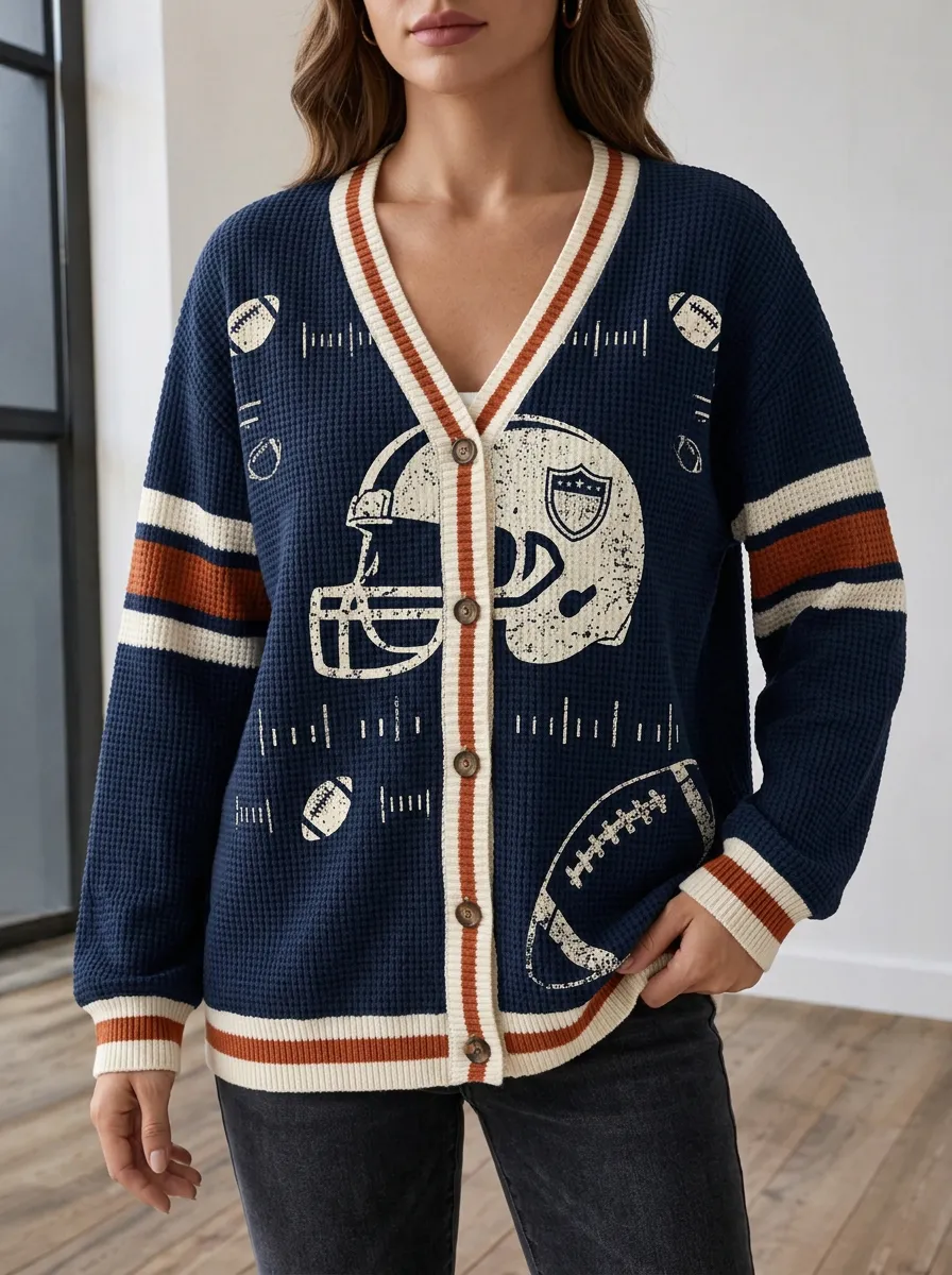 Women's Varsity Football Fan Helmet Pattern Printed Waffle Knit Cardigan