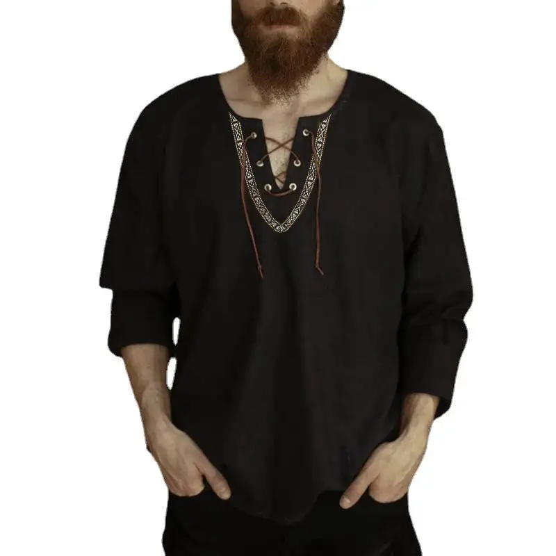 Men's Linen Tunic Shirt With Lacing And Ethnic Border