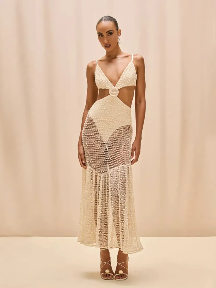 Celeste Crochet Cut Out Mermaid Maxi Dress in Ivory