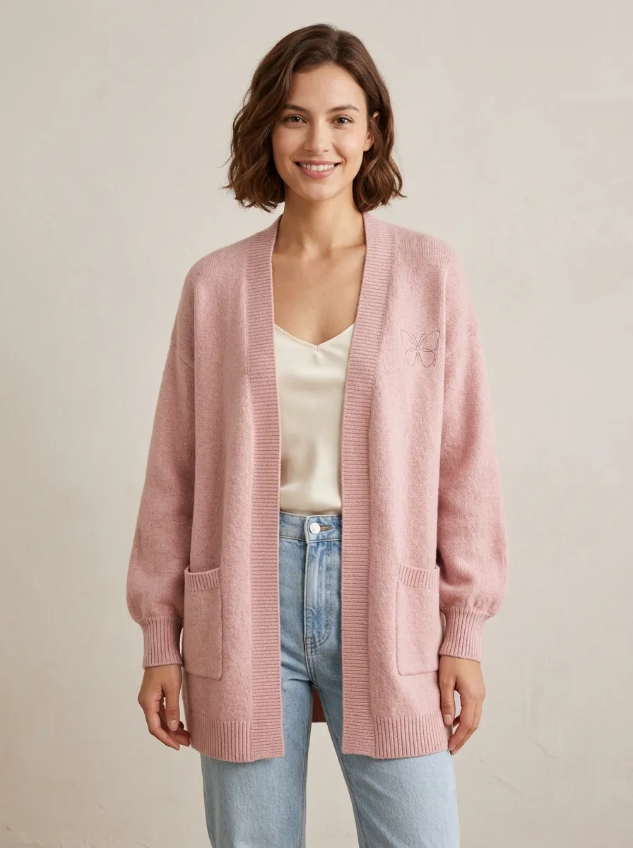 Women's Pink Butterfly Minimalist Embroidered Knit Cardigan