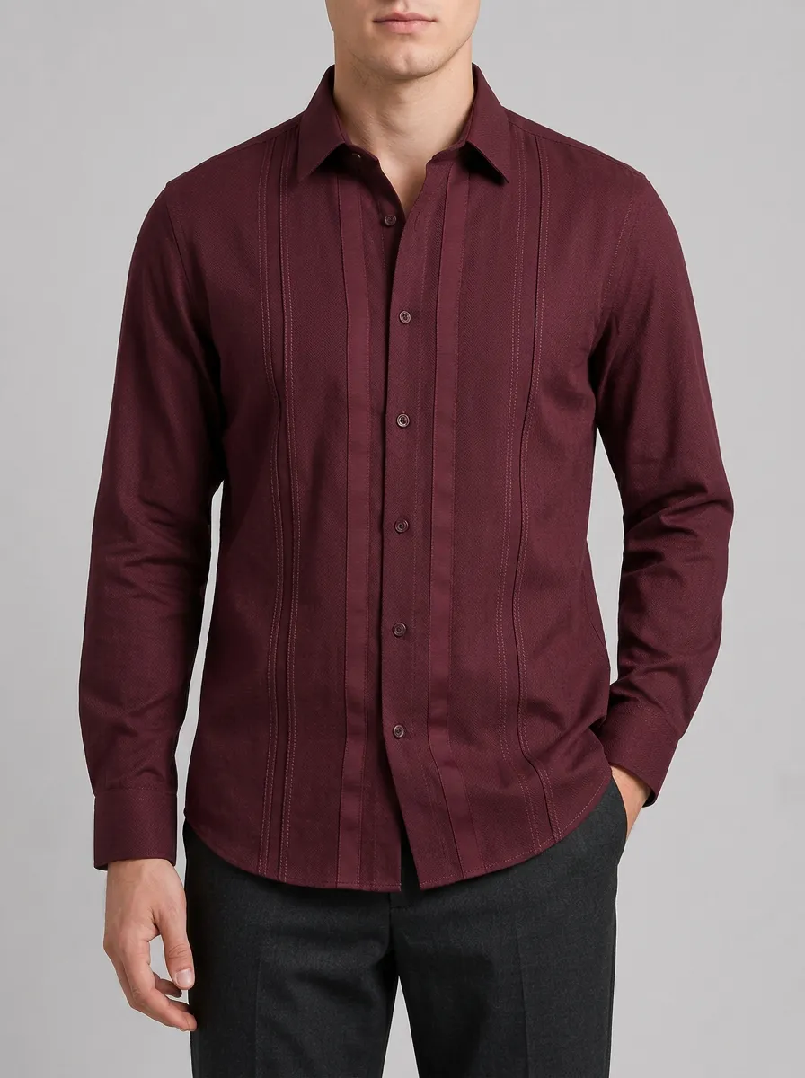 Men's Casual Burgundy Pleated Front Long Sleeve Button-up Shirt