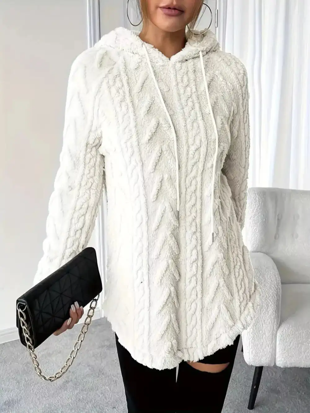 Drawstring Textured Fleece Hoodie
