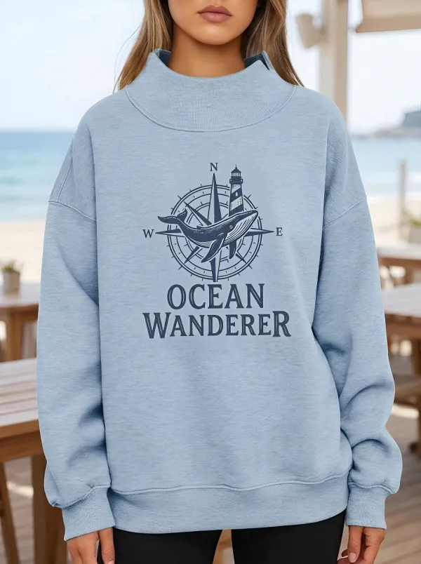 Women's Ocean Wanderer Whale Compass Lighthouse Printed Sweatshirt
