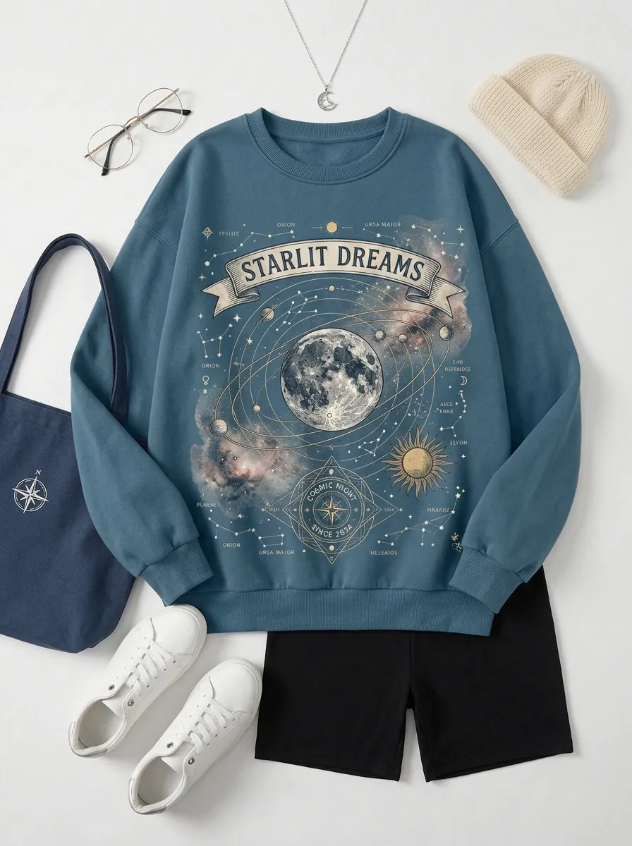 Women's Starlit Dreams Celestial Moon Constellation Printed T-shirt