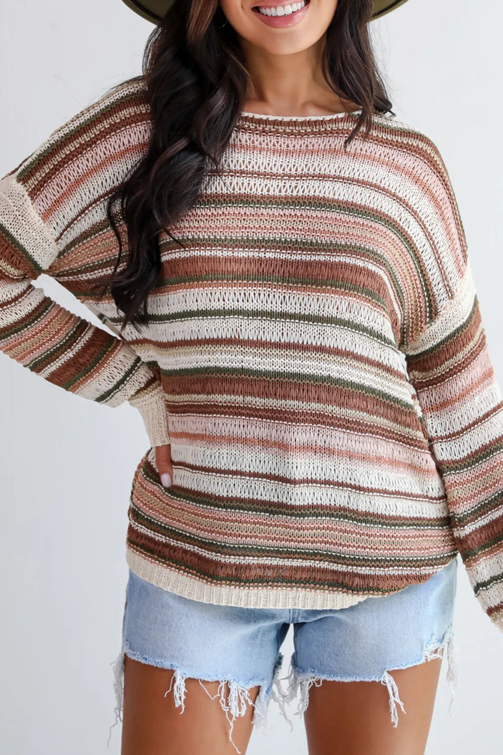 Cream Striped Lightweight Knit Sweater