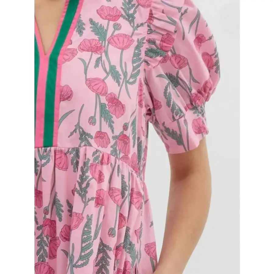 Puff Sleeve Midi Dress with Contrast Trim