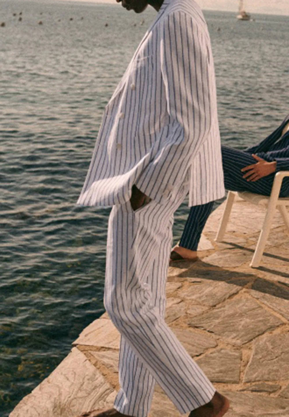 White Blue Stripe Tailored Two-Piece Suit Jacket