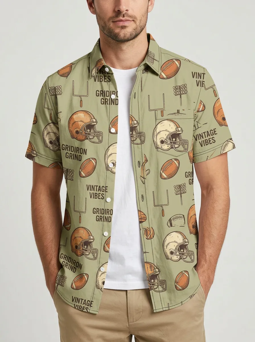 Men's Football Lover Gridiron Grind Helmet Printed Button-up Shirt