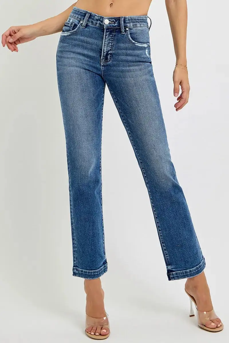 Full Size Tummy Control Elastic Band Mid Rise Straight Jeans Plus Size