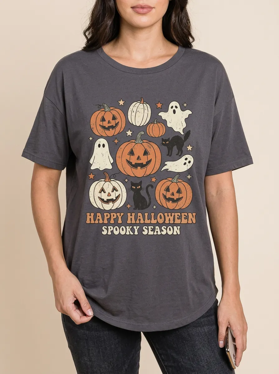 Women's Halloween Spooky Season Pumpkin Ghost Cat Printed T-shirt