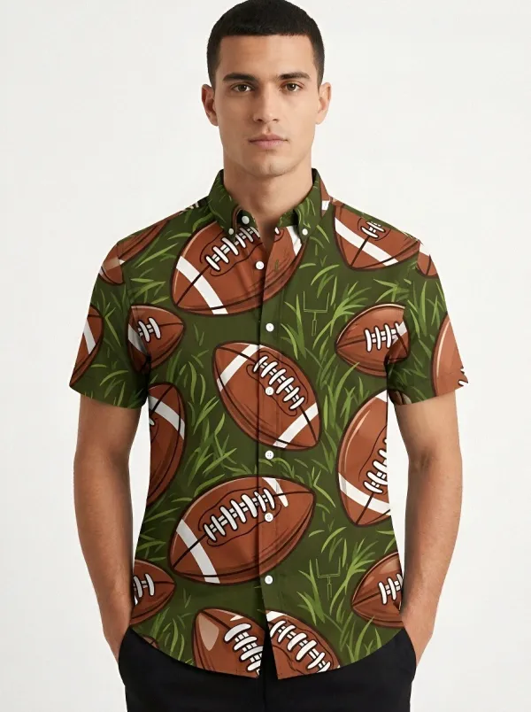 Men's American Football Fan Grass Field Printed Button-Down Shirt