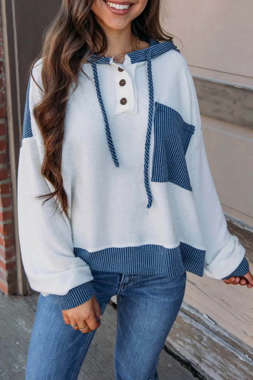 Drawstring Patch-Pocket Drop-Shoulder Corded Hooded Top