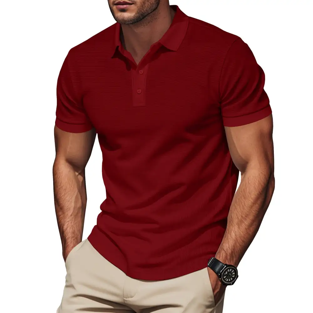 Waffle Texture Button Placket Fitted Polo Shirt
