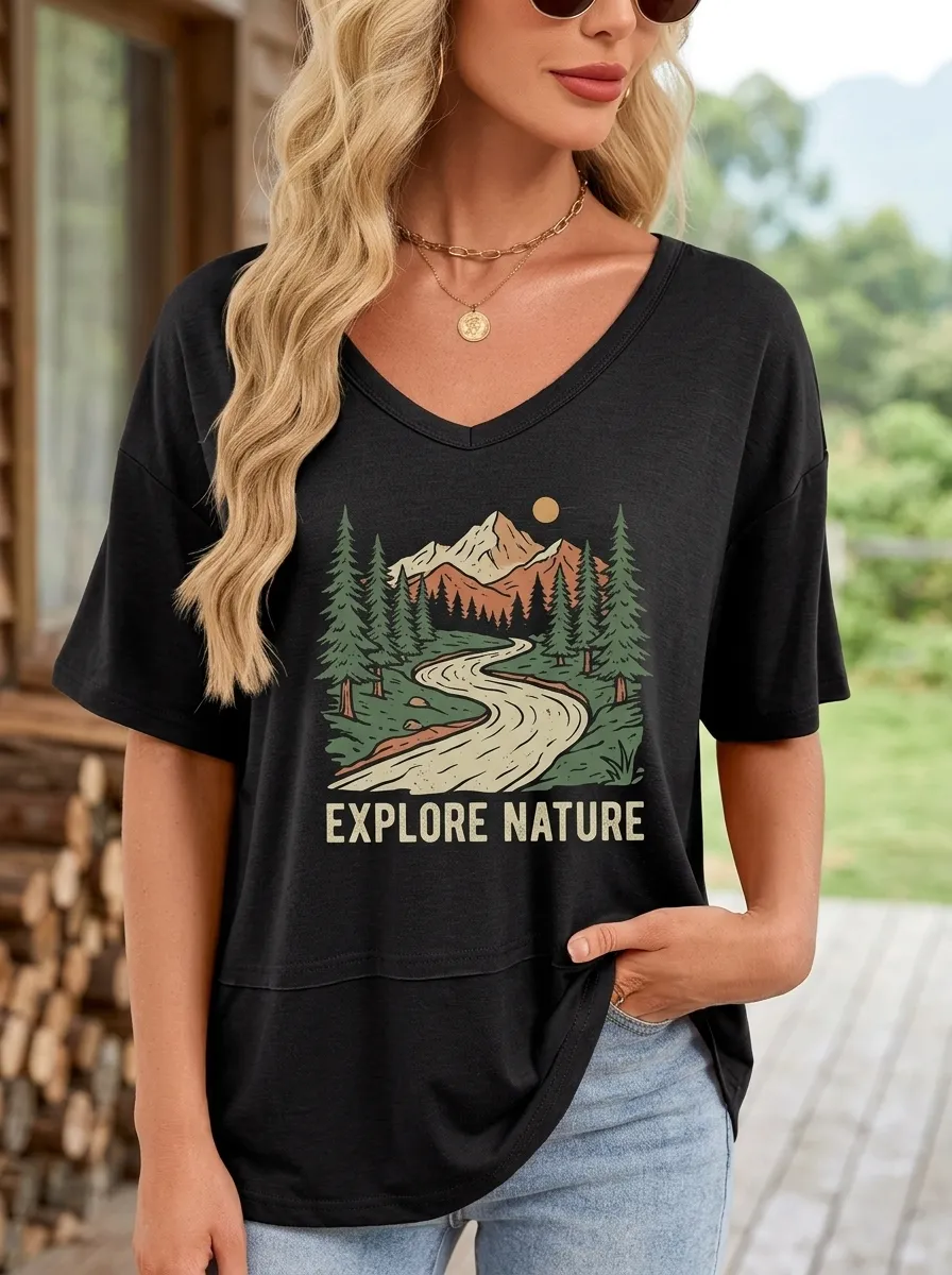 Women's Nature Lover Explore Mountain Forest Printed T-shirt
