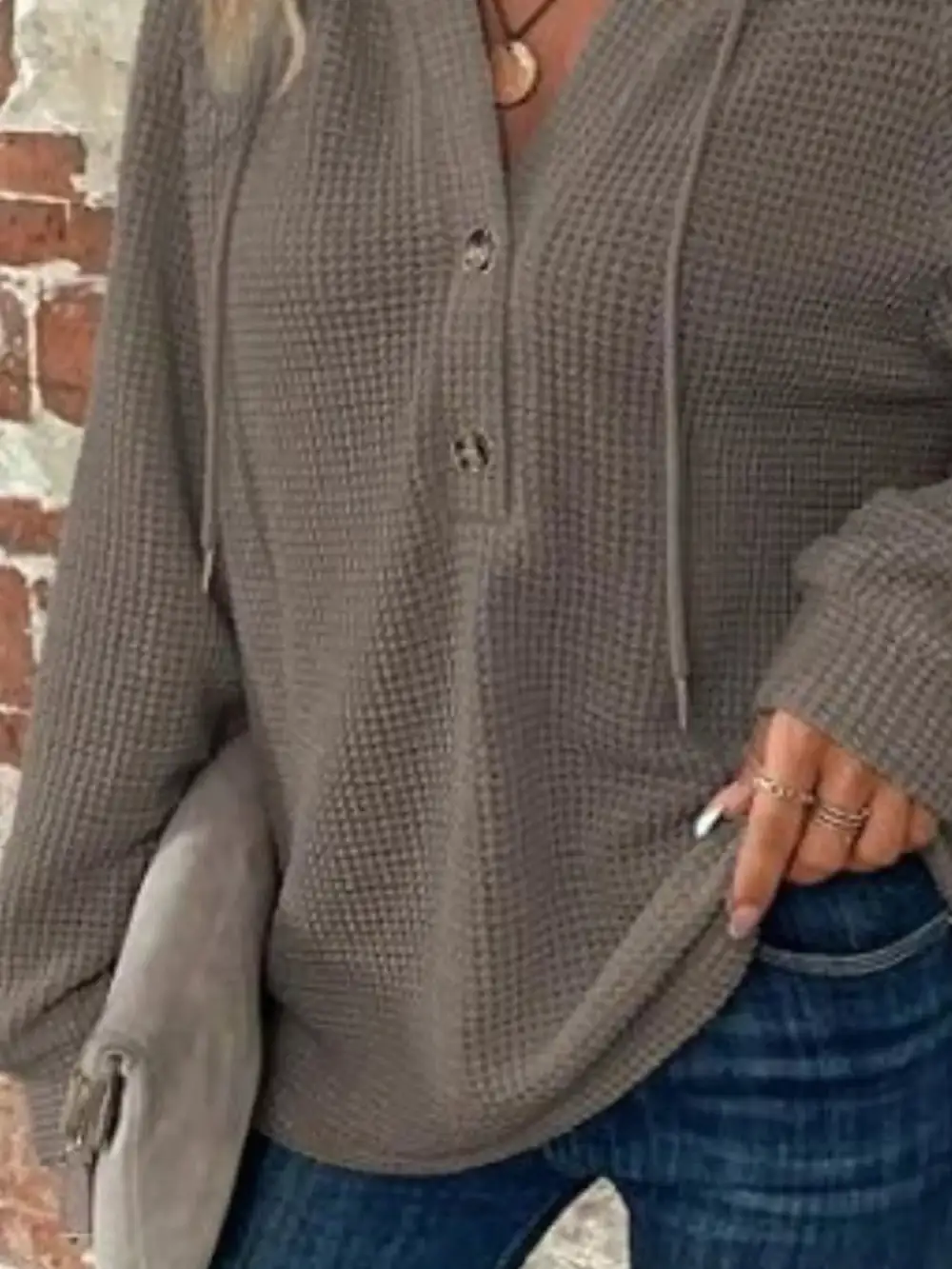 Drawstring Buttoned Pocketed Waffle-Textured Hoodie