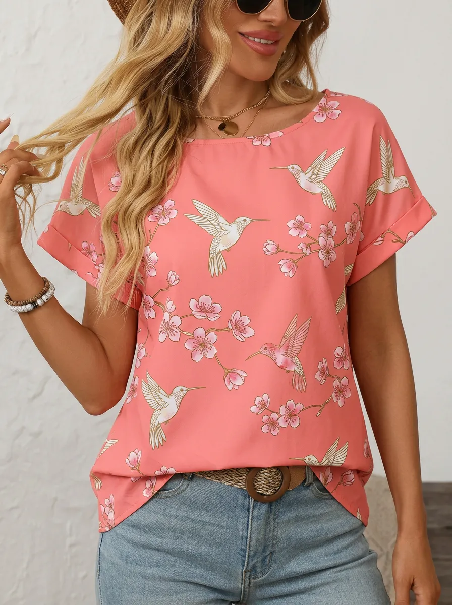 Hummingbird Cherry Blossom Women's Loose Printed T-Shirt