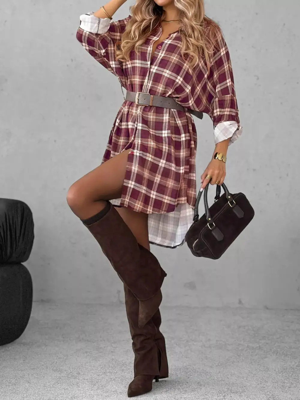 Wearable Cut Plaid Long Sleeve Mini Dress