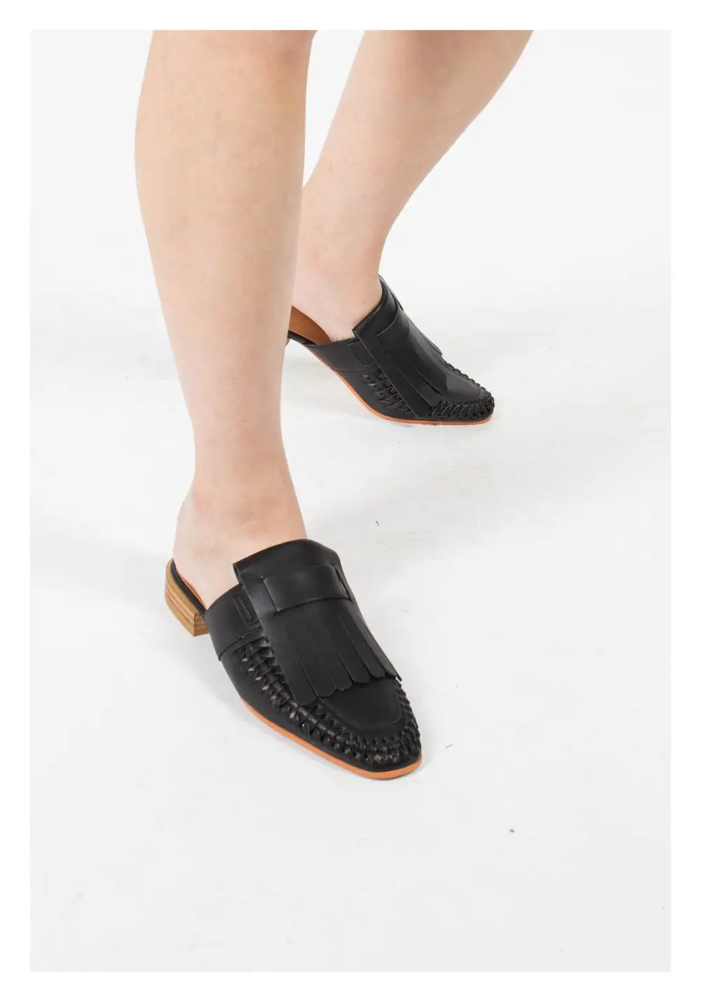 Faux Leather Woven Fringe Detail Slip On Mules