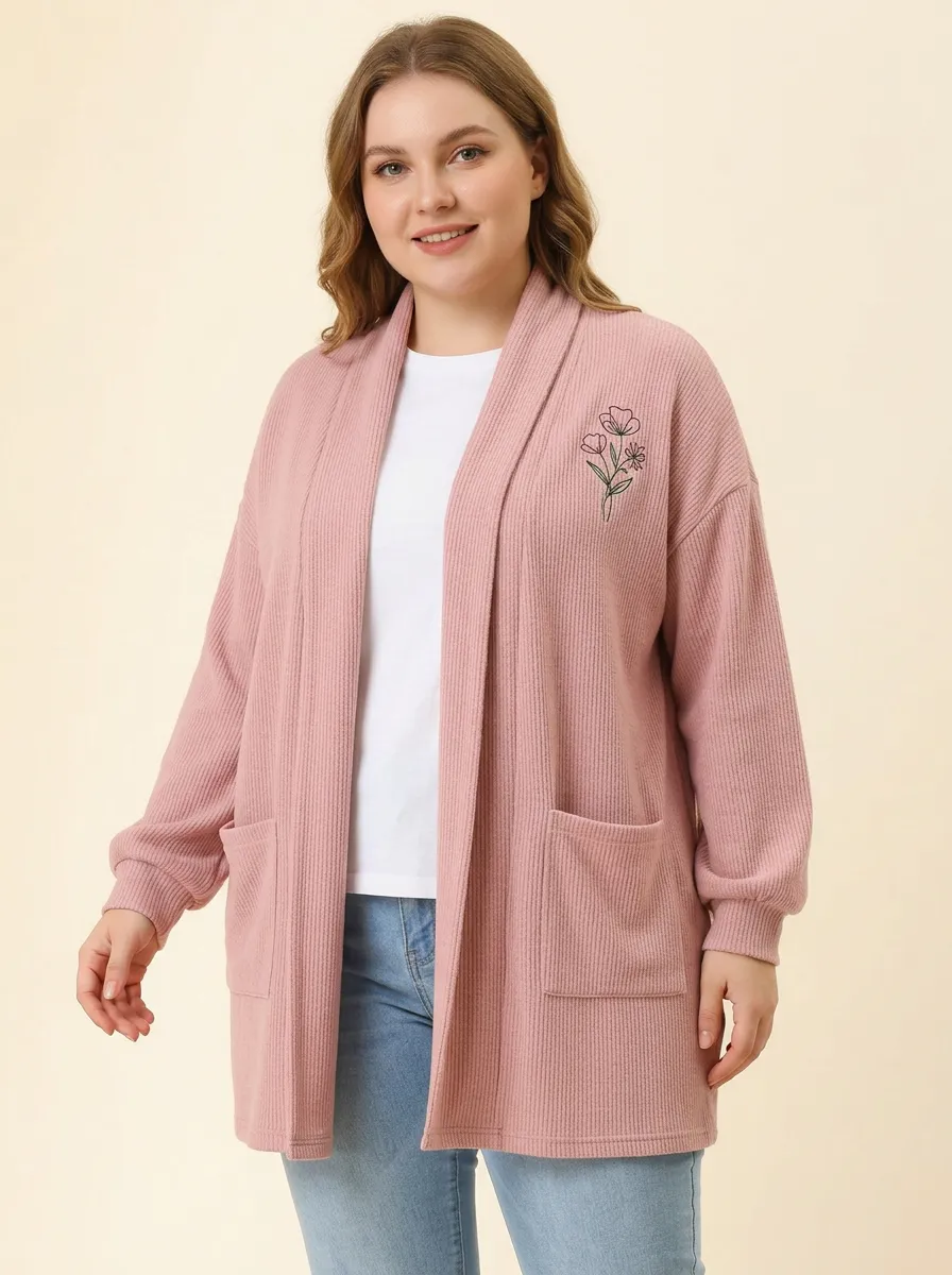 Pink Floral Minimalist Print Ribbed Cardigan
