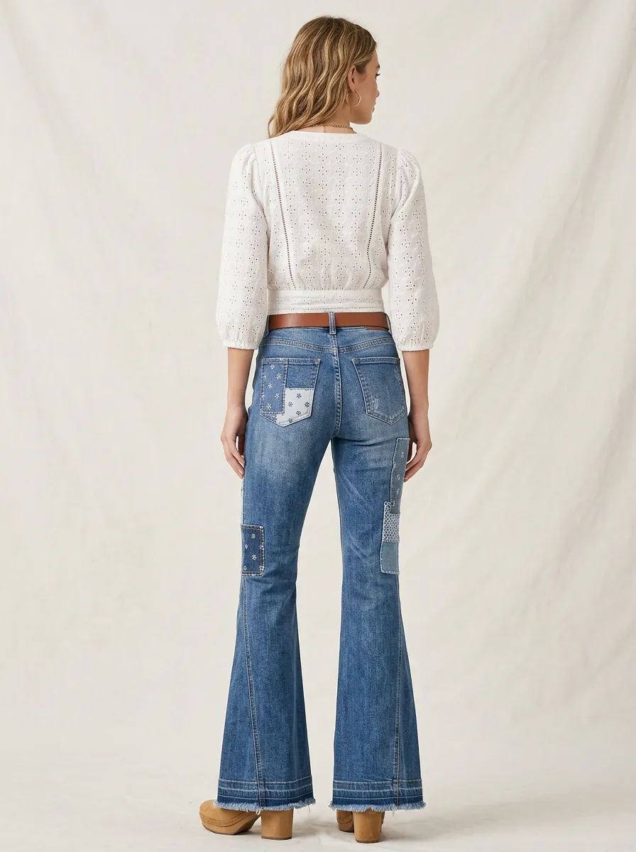 Women's Vintage Style Patchwork Pattern Printed Flare Jeans
