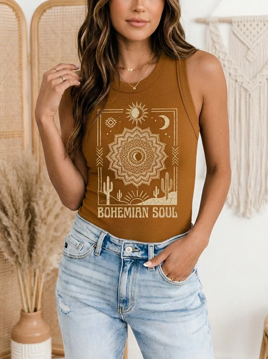 Women's Bohemian Soul Mandala Cactus Printed Ribbed Tank Top