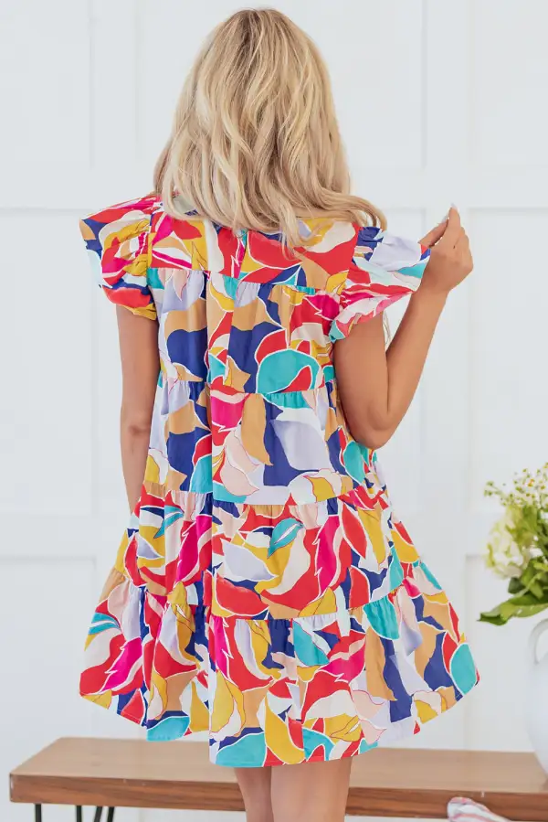 Terrace Abstract Print Ruffle Trim Tiered Mini Dress