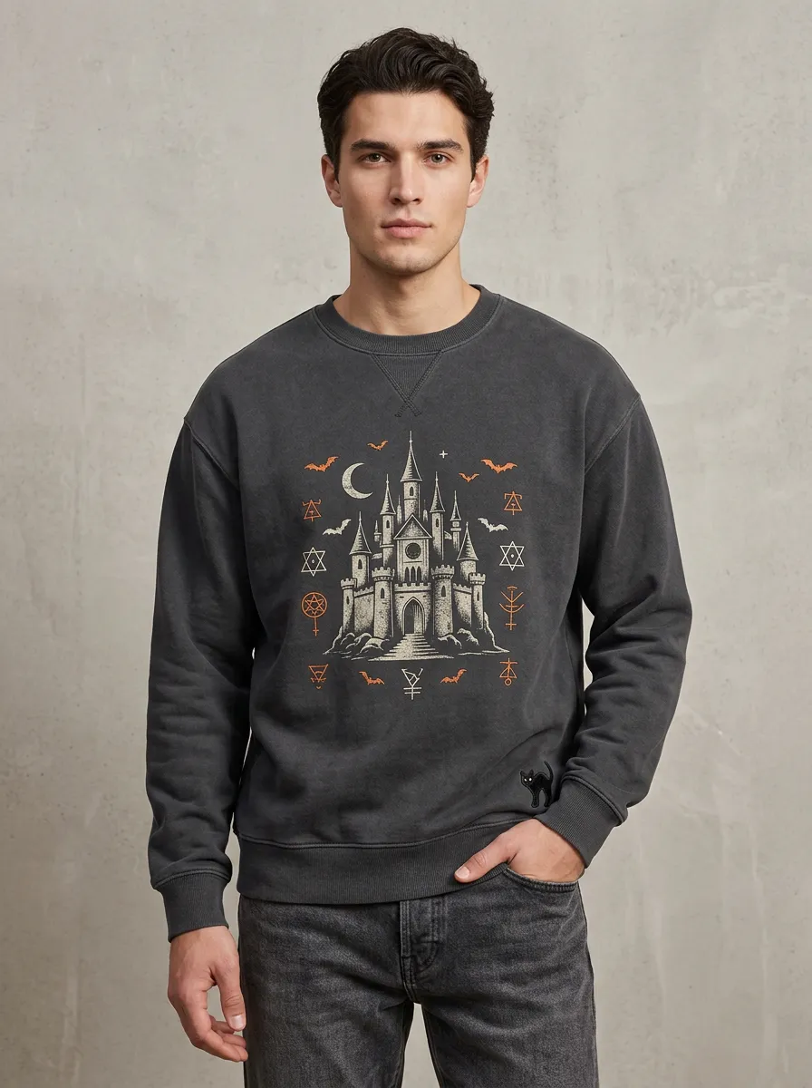 Men's Halloween Gothic Castle Moon Bats Sweatshirt