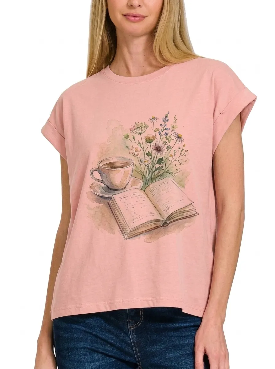 Women's Book Lover Coffee Floral Watercolor Printed T-shirt