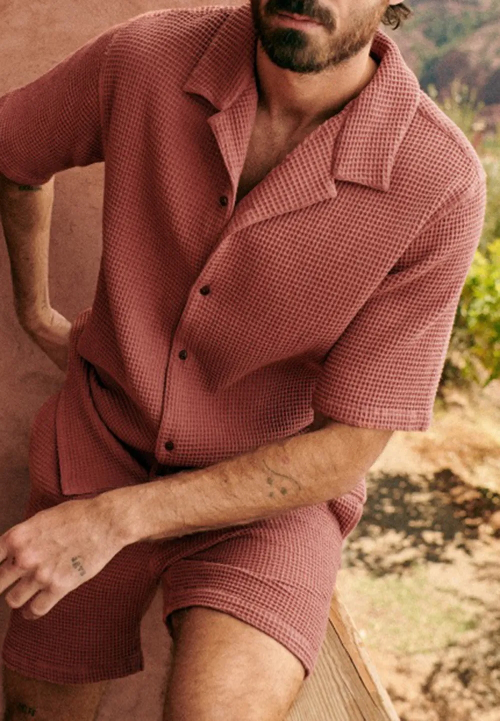 Rust Red Seersucker Textured Short Sleeve Shirt