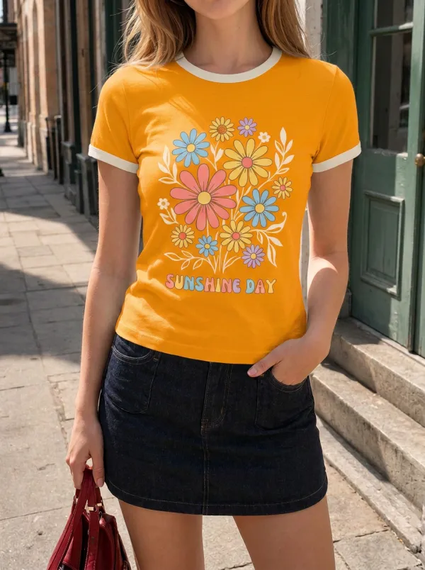 Women's Retro Floral Sunshine Day Printed Ringer T-shirt