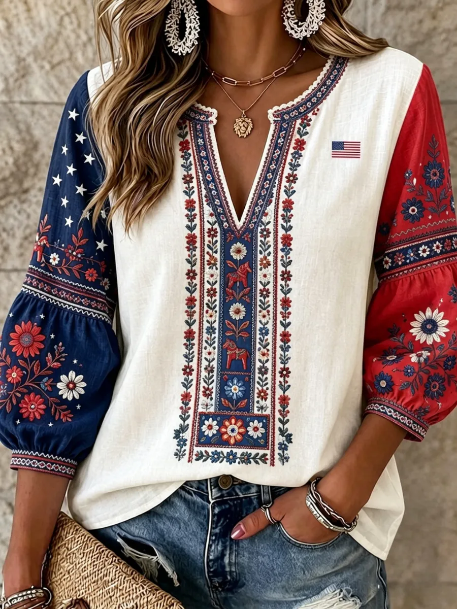Women's 250th Anniversary Printed V-neck Mid-Sleeve Casual T-shirt