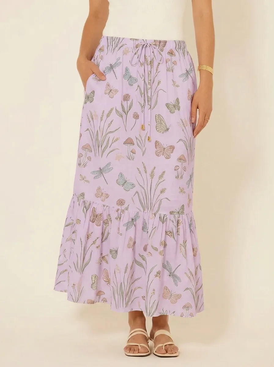 Women's Nature Lover Butterfly Mushroom Printed Midi Skirt