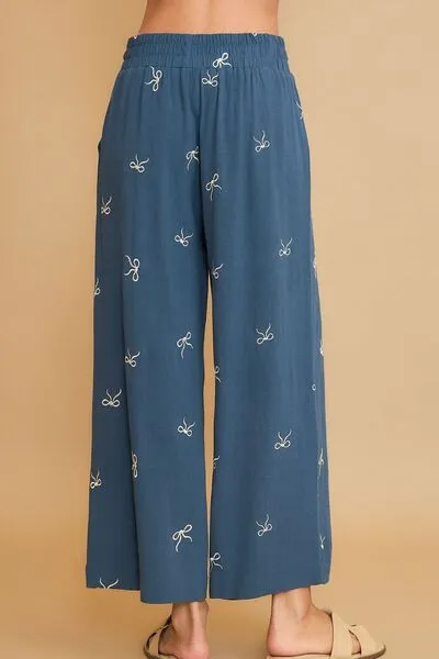 Relaxed Full Size Lace Drawstring Embroidered Bow Wide Leg Pants