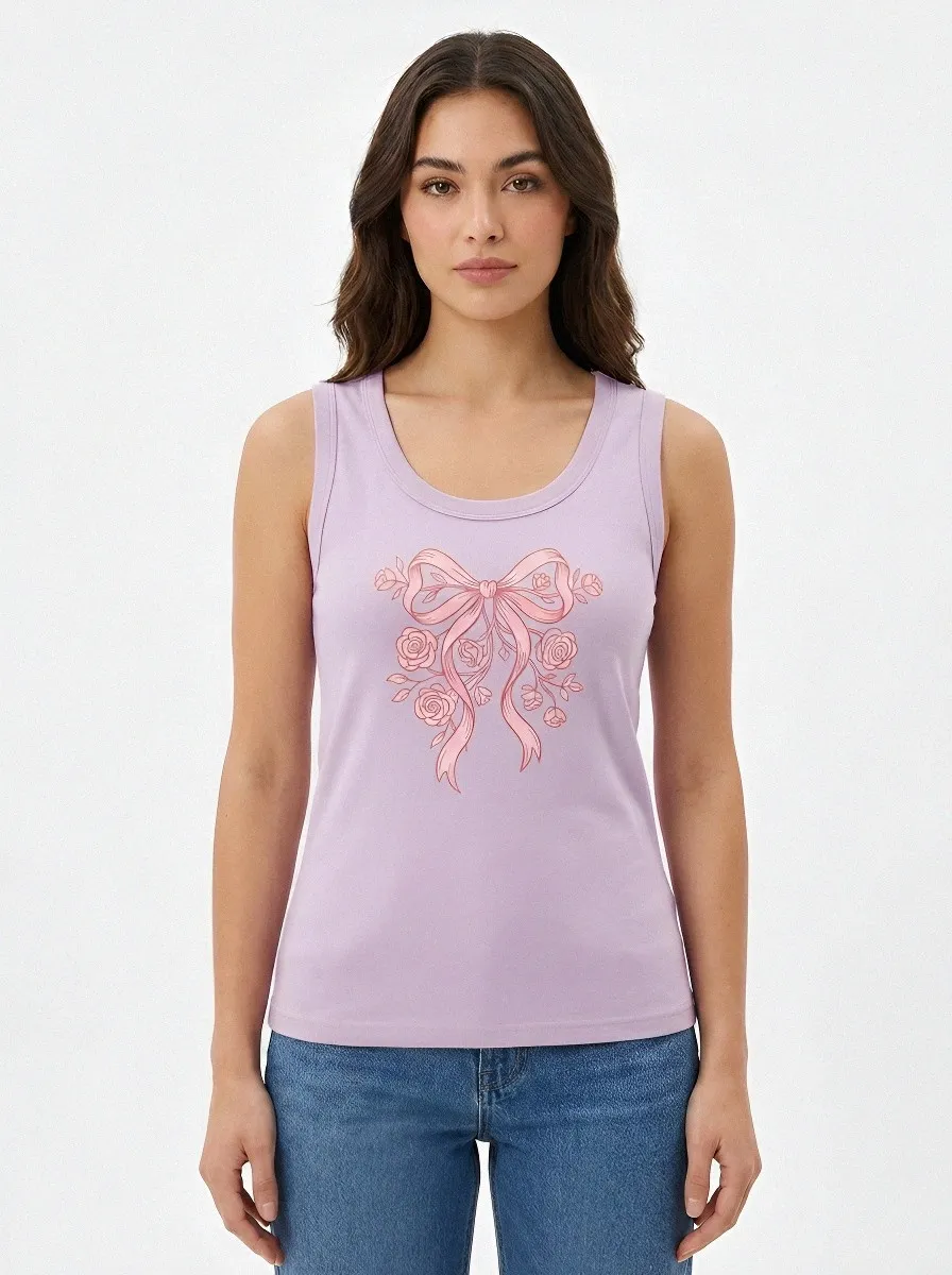 Women's Breast Cancer Awareness Pink Bow Floral Printed Tank Top