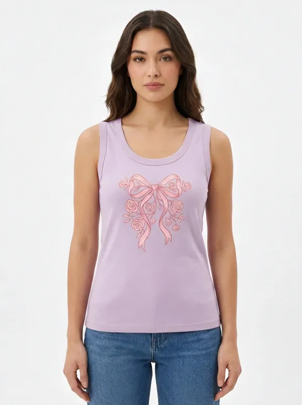 Women's Breast Cancer Awareness Pink Bow Floral Printed Tank Top