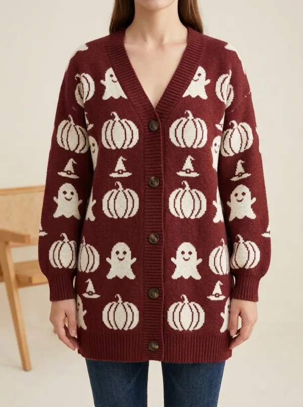 Women's Ghost Pumpkin Witch Hat Halloween Knit Cardigan