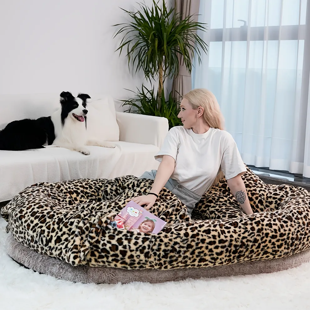 Leopard Print Pet Bed Set with Blanket and Pillow, Pet Furniture for Large Dogs and Cats